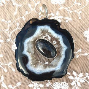 Jumbo Agate Druzy Tourmalinated Quartz Pendant .925 Sterling Silver
